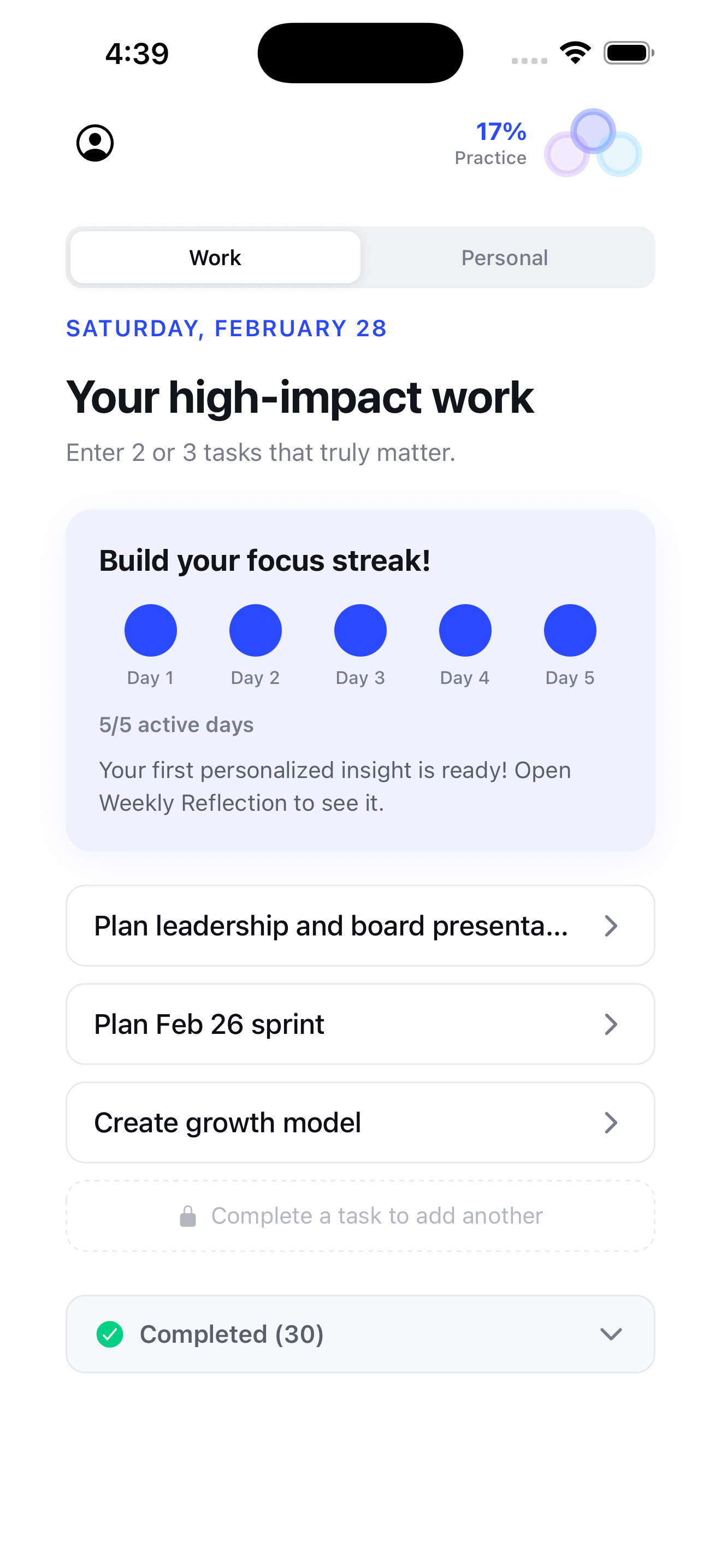 ARETE daily focus screen showing intentional task list