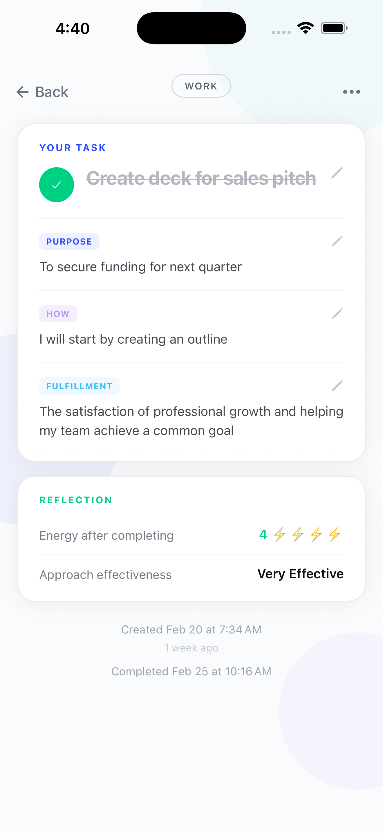 Completed task with PURPOSE, HOW, FULFILLMENT, and REFLECTION sections